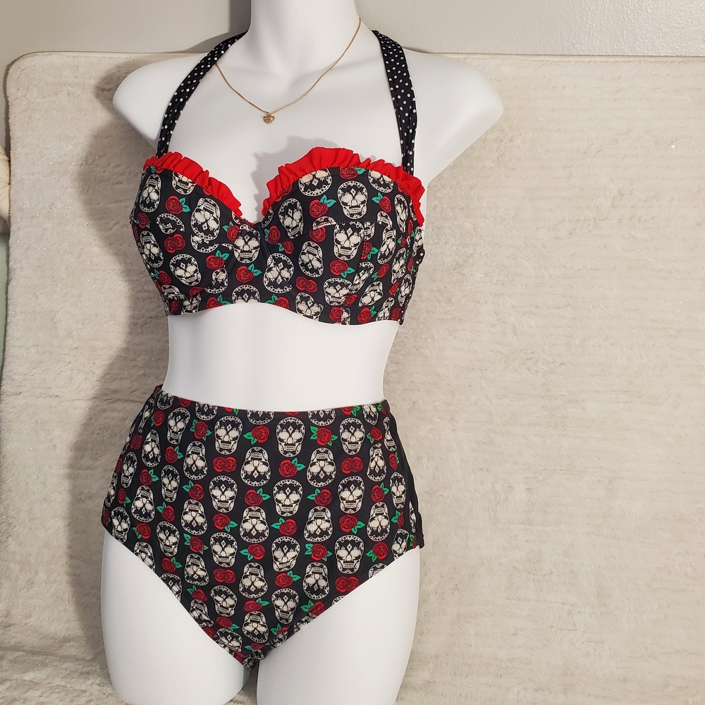 Hot Topic Black Skull & Rose High-Waist Bikini with Red Trim